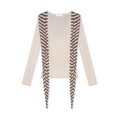 16DEWS 16D25418 Striped shawl V-neck knitted base top