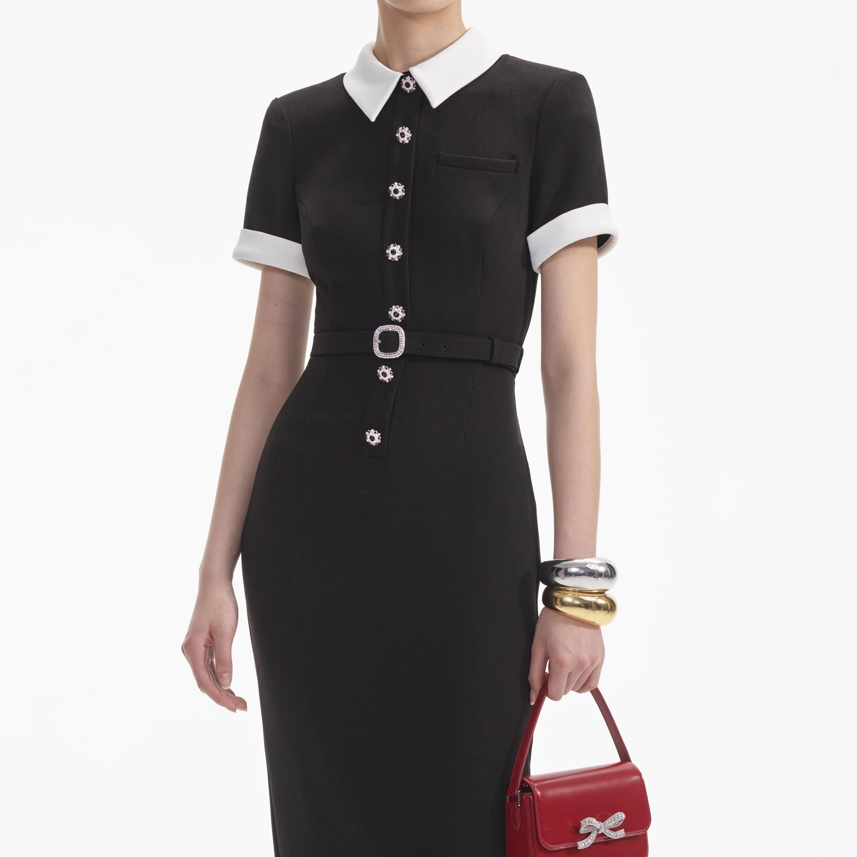 Self-Portrait SALE Black Crepe Contrast Midi Dress