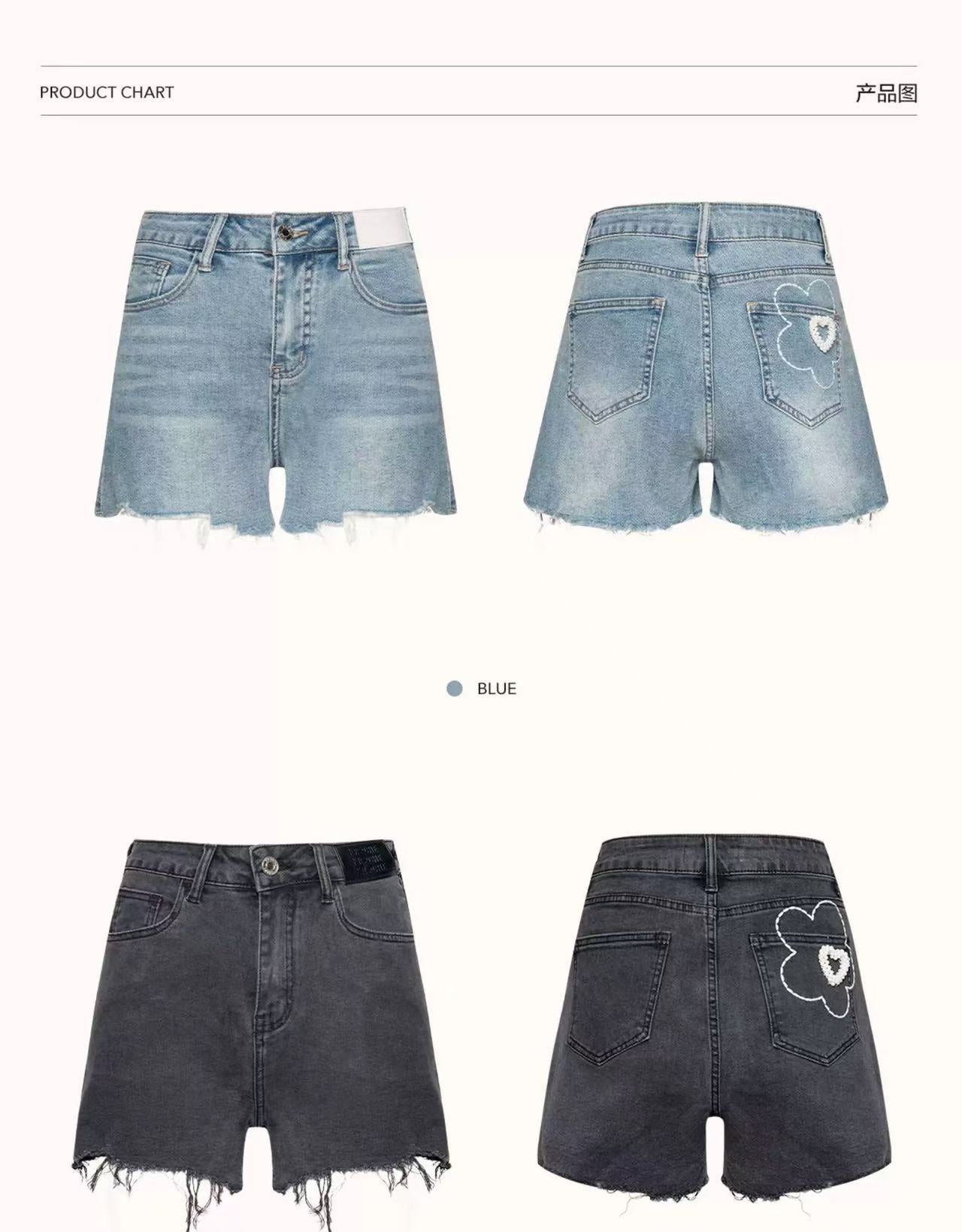 Kroche Embroidered high waisted denim shorts (2color)