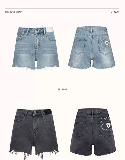 Kroche Embroidered high waisted denim shorts (2color)