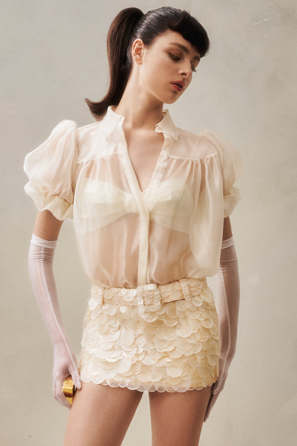 DATT FAIRY CHIFFON SHIRT &amp; OPAL SHELL SKIRT &amp; RIBBON BRA