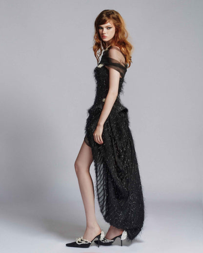 MUST HAVE Glitter fringe mullet dress with pearl detailing