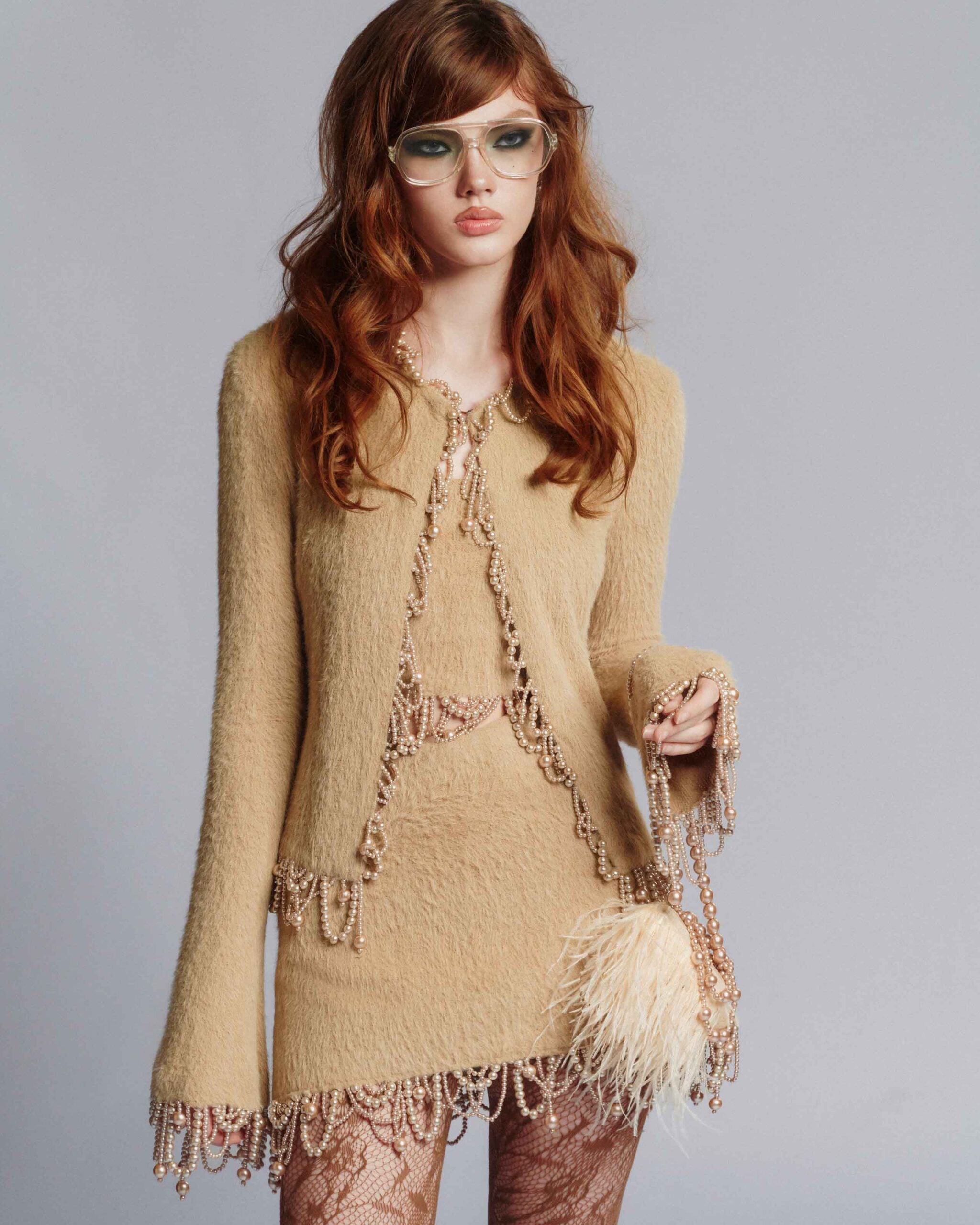 MUST HAVE Pearl fringe nude beige set (Seperate)