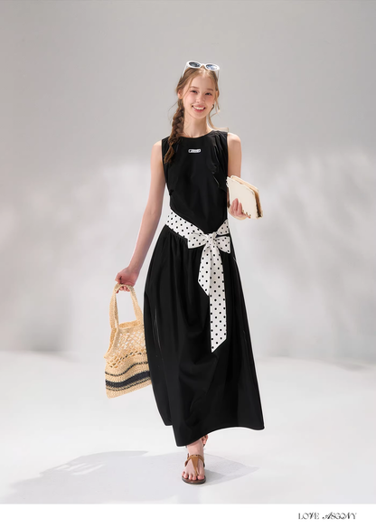 AsGony ASG26104 Sleeveless polka dot tie flower bud dress