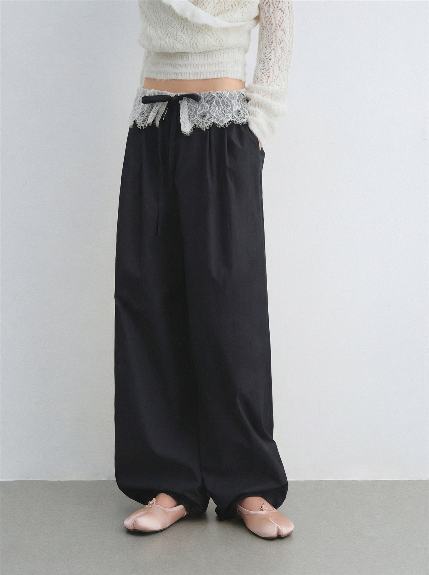 AsGony ASG26024 Lace patchwork drawstring waist wide leg casual pants