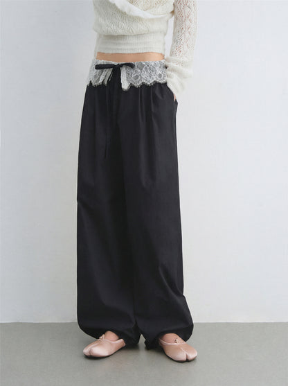 AsGony ASG26024 Lace patchwork drawstring waist wide leg casual pants