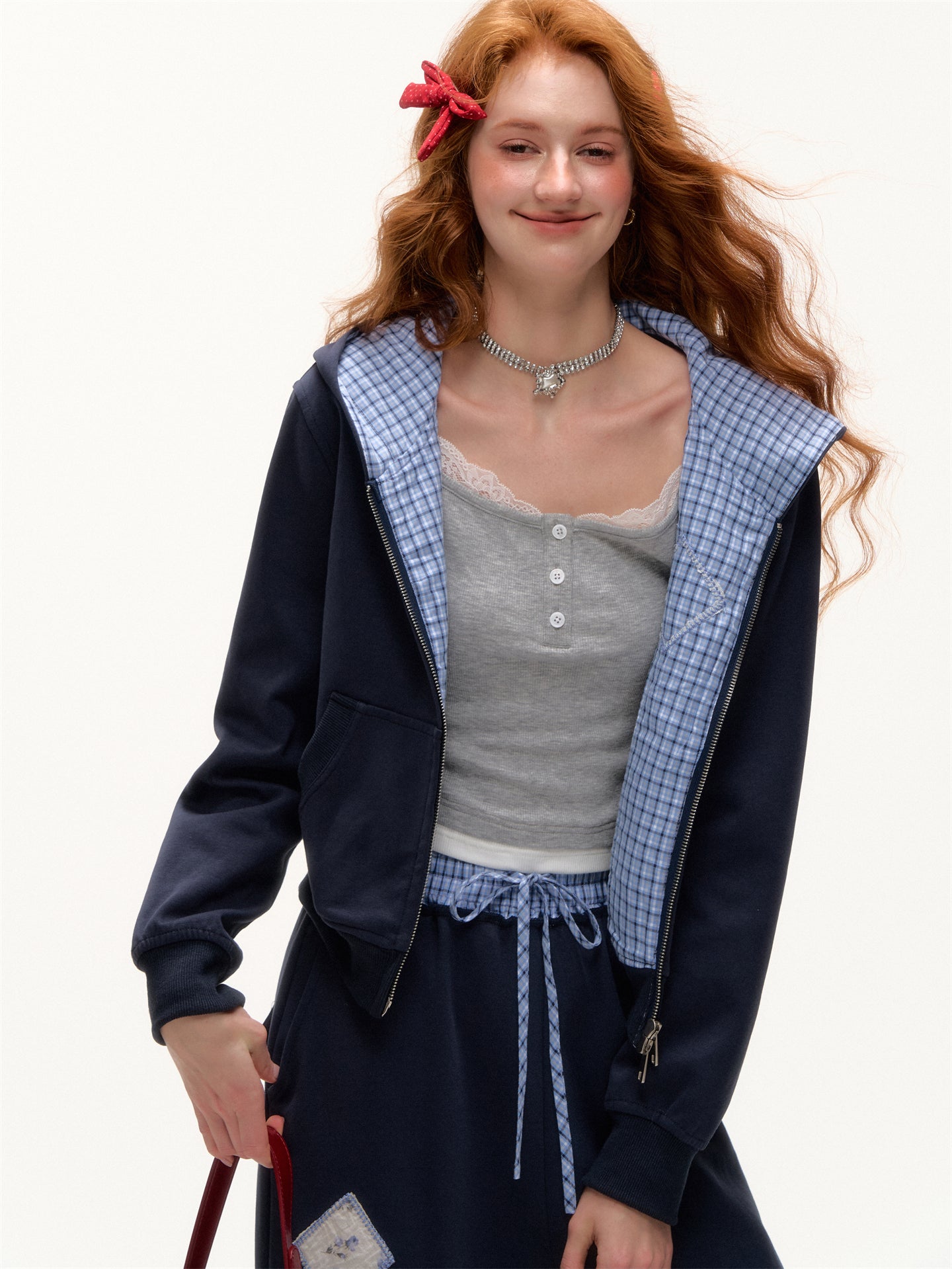 AsGony ASG25351&amp;ASG25352 Grid patchwork applique zip-up hoodie + pants set