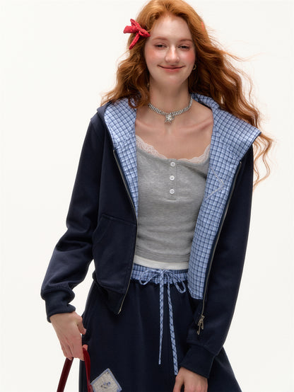 AsGony ASG25351&amp;ASG25352 Grid patchwork applique zip-up hoodie + pants set