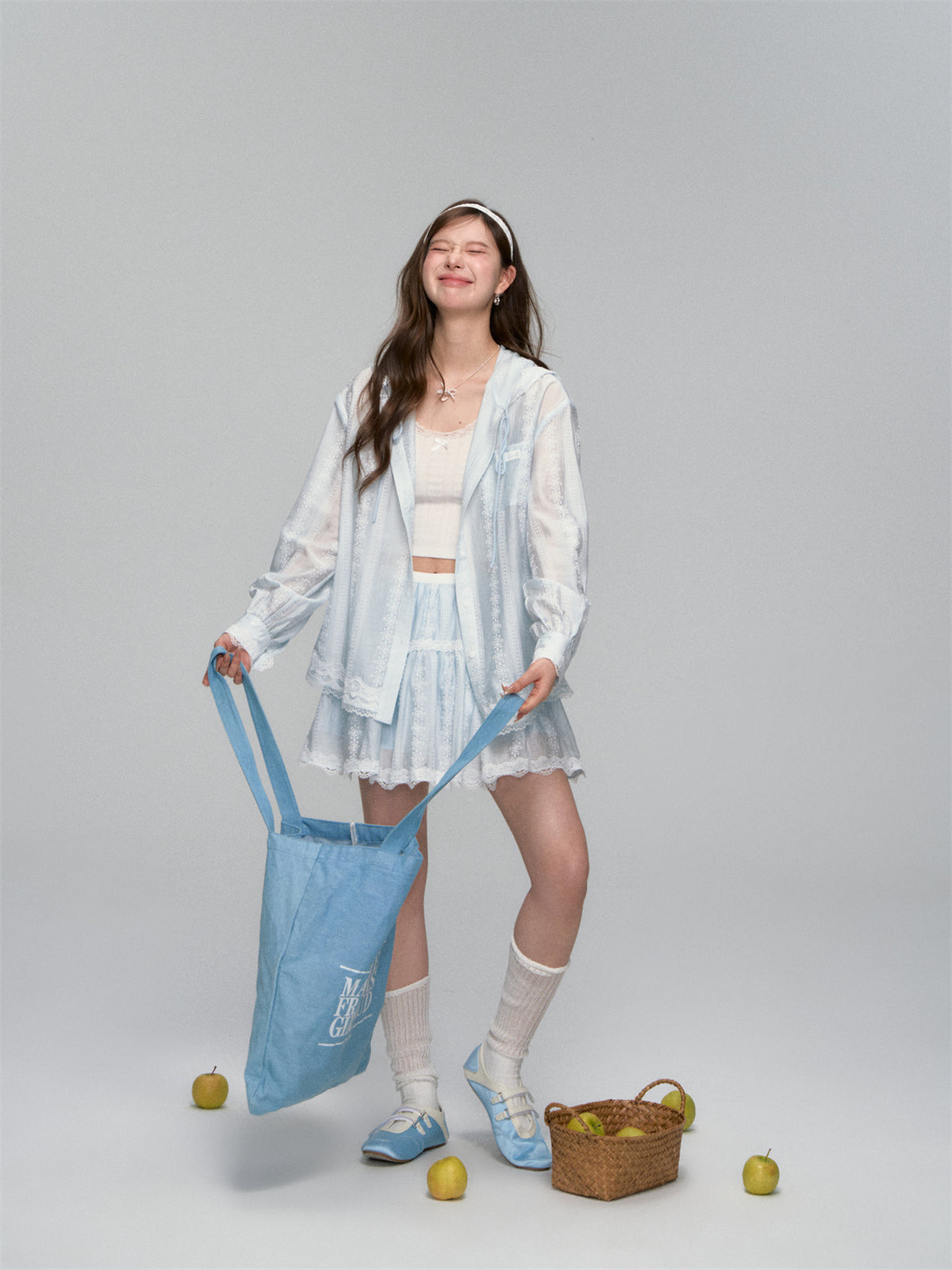 AsGony ASG25118&amp;ASG25119 Floral texture patchwork lace hooded jacket + skirt set (seperate)