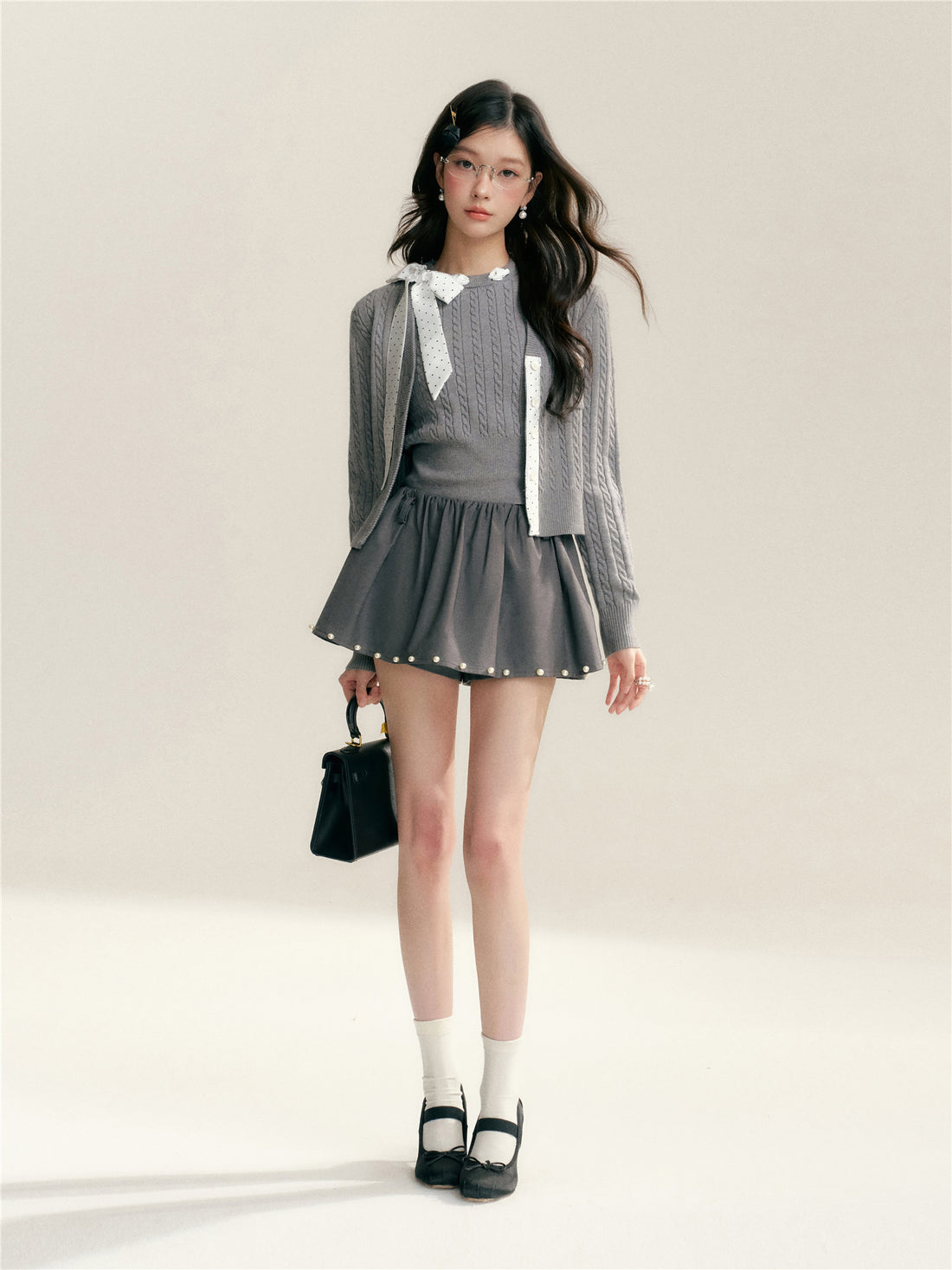 16DEWS 16D26016&amp;16D26017 Polk stitch short twisted flower knitted cardigan + top set + top set