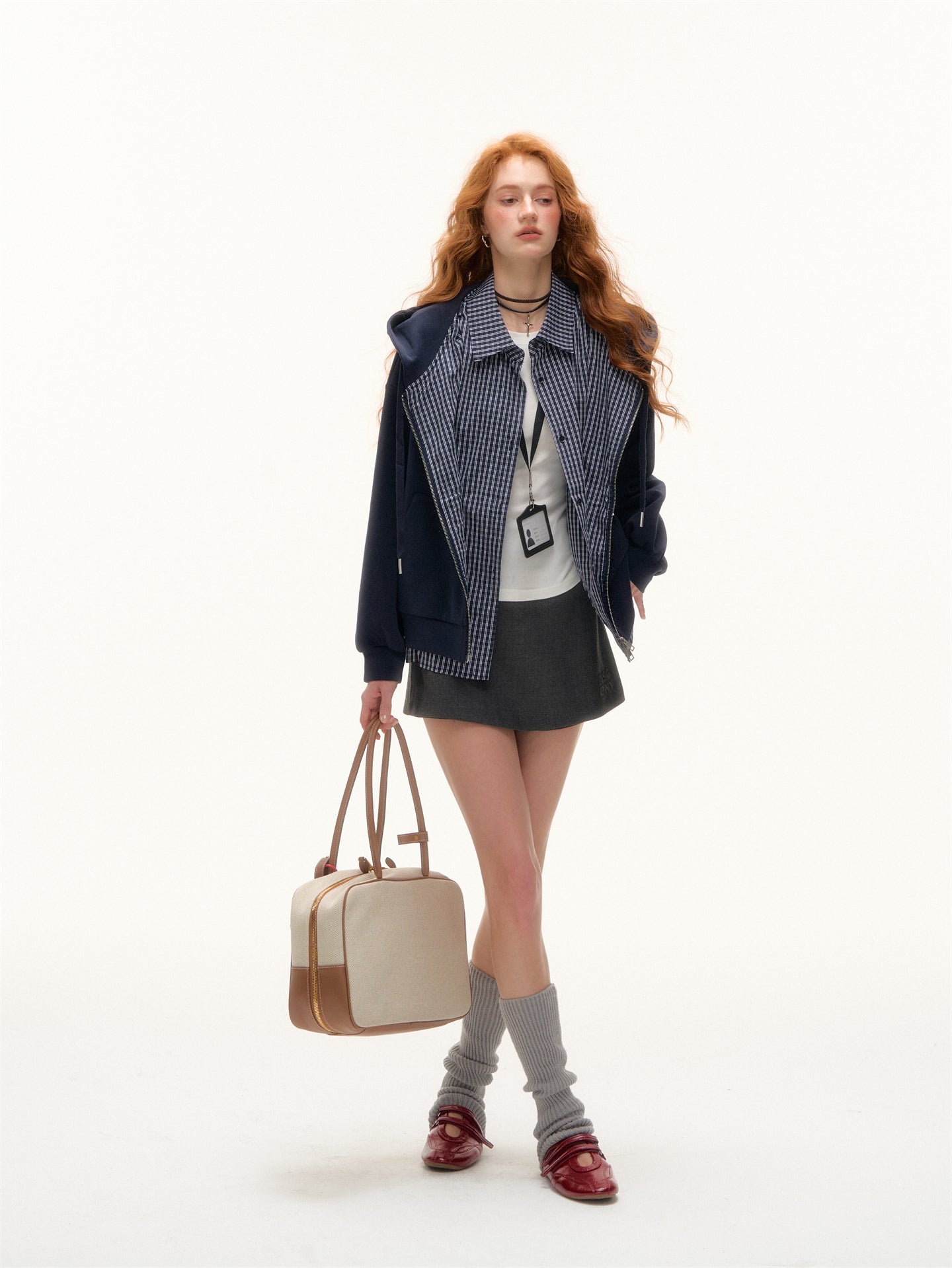 AsGony ASG25398 Fake two piece checkered patchwork hooded zipper hoodie