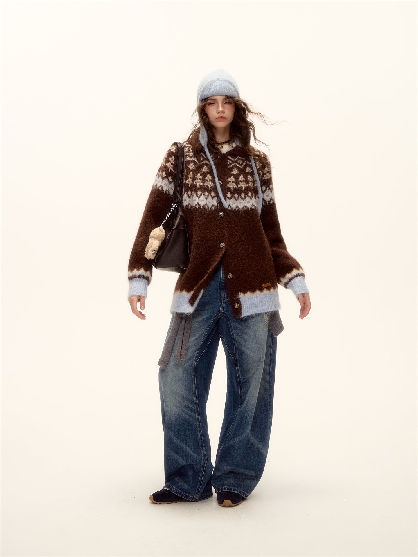 AsGony ASG25496 Wool Jacquard Fel Island Collar Button Knitted Cardigan