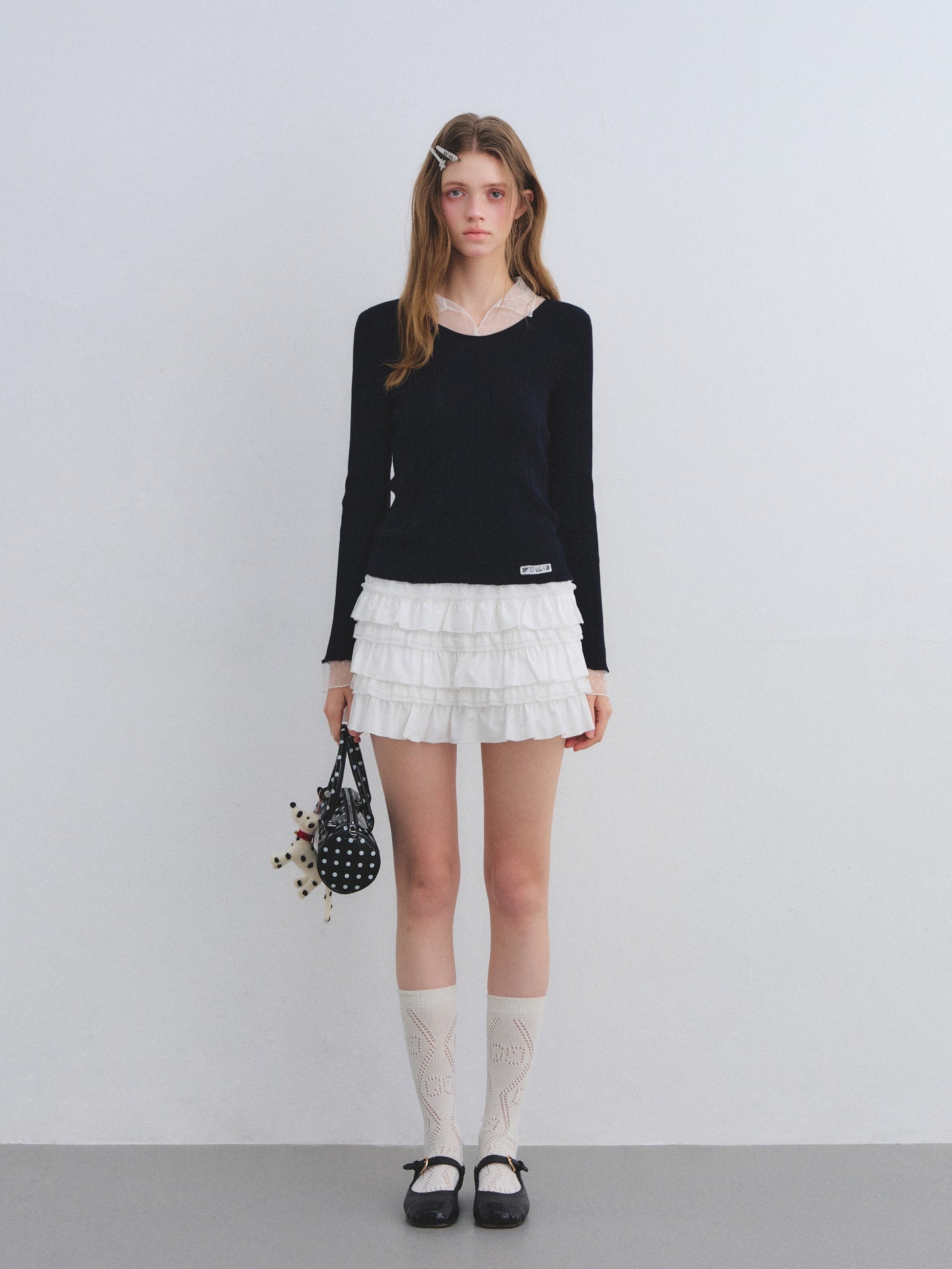 AsGony ASG25664 Polka dot mesh spliced wool base sweater