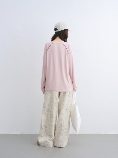 AsGony ASG26026 Tencel wool raglan sleeves with ponytail printed lace T-shirt