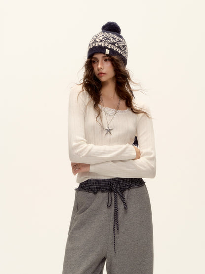 AsGony ASG25483 U-neck lace bow hollow knitting base top