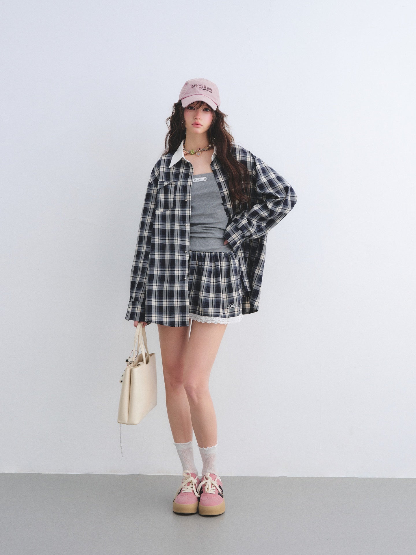 AsGony ASG26010&amp;ASG26011 Strapless pleated plaid patchwork lace dress + shirt