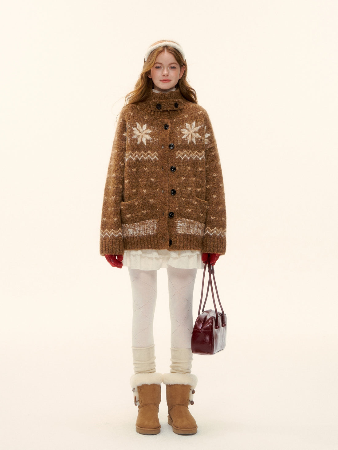 AsGony ASG25593 Wool Snowflake Fel Island Jacquard Knitted Coat