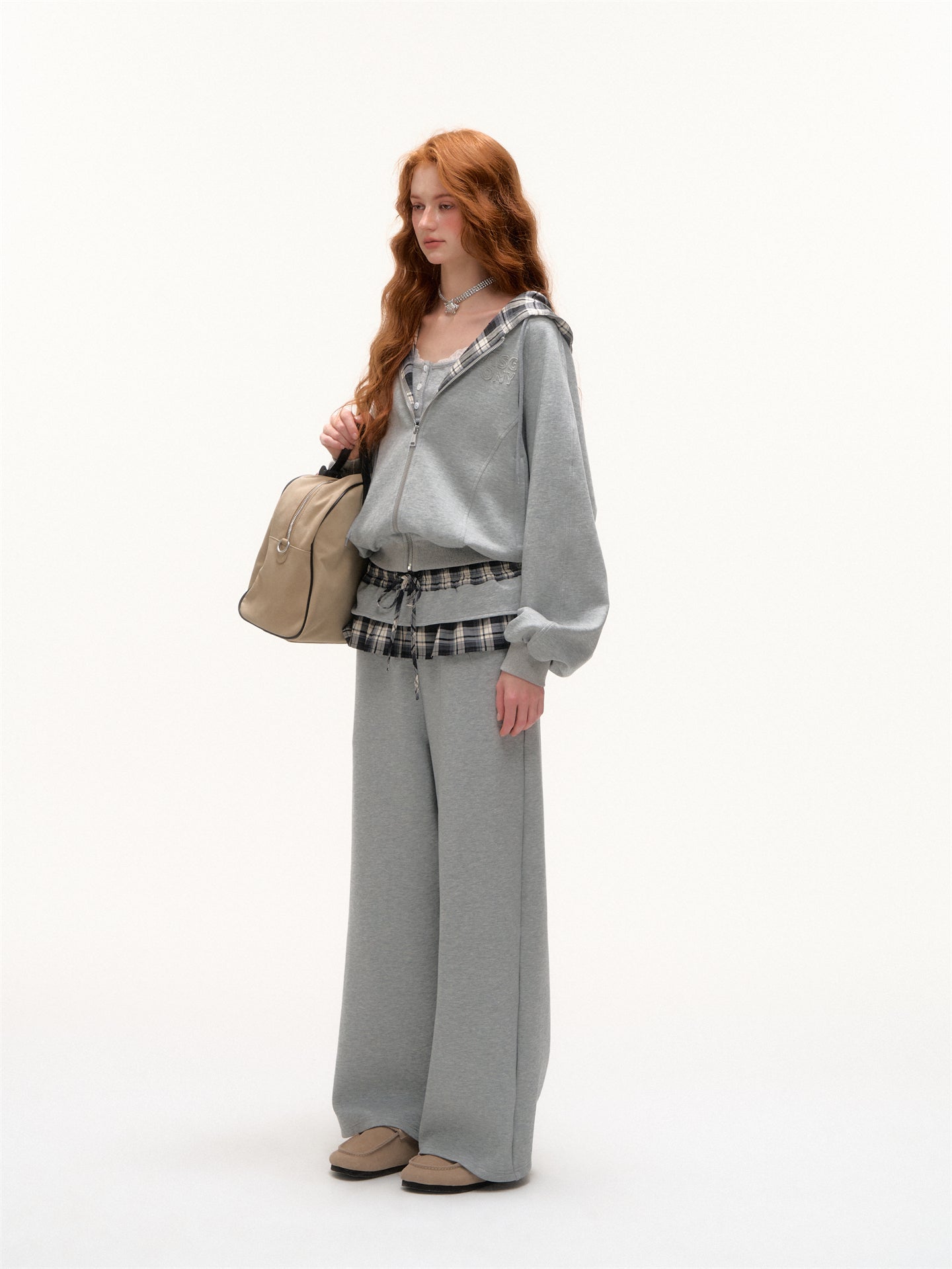 AsGony ASG25403&amp;ASG25404 Plaid patch embroidered hoodie + pants