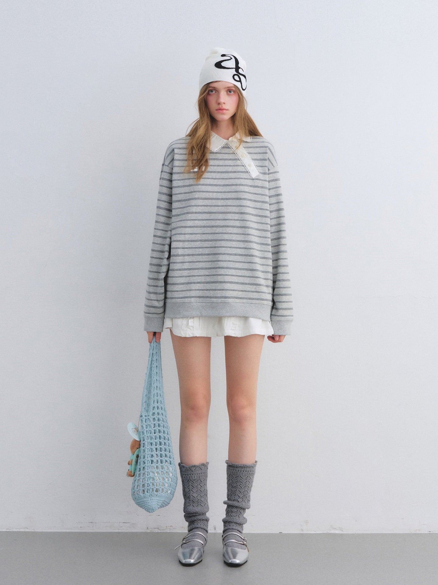 AsGony ASG25658 Slanted placket lace collar striped patchwork hoodie