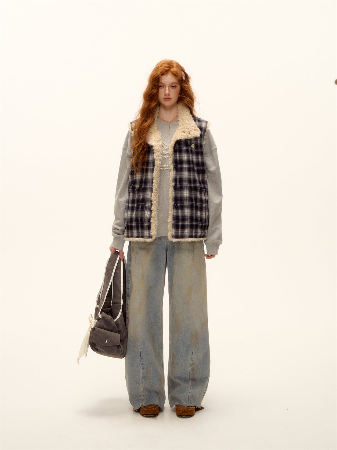 AsGony ASG25468 Double sided plaid plush button vest