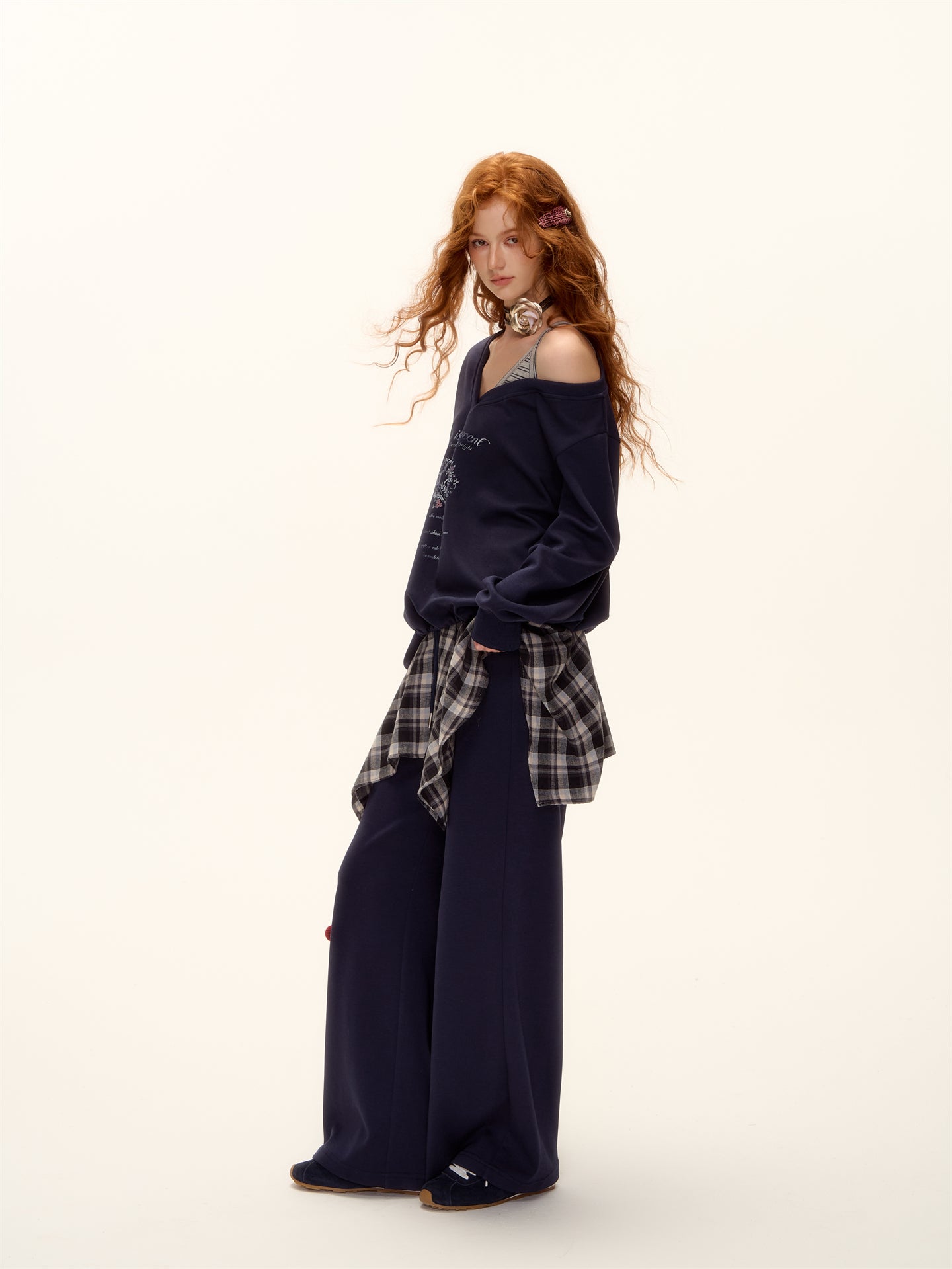 AsGony ASG25504&amp;ASG25505 Oversized striped patchwork printed sweatshirt + pants set