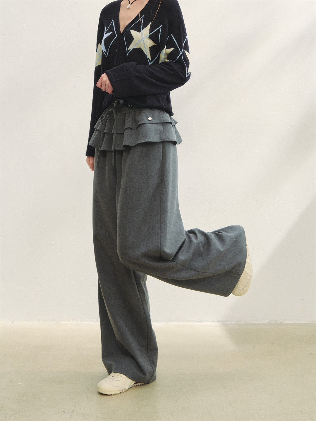 AsGony ASG25275 Double layered ruffle edge tied casual pants