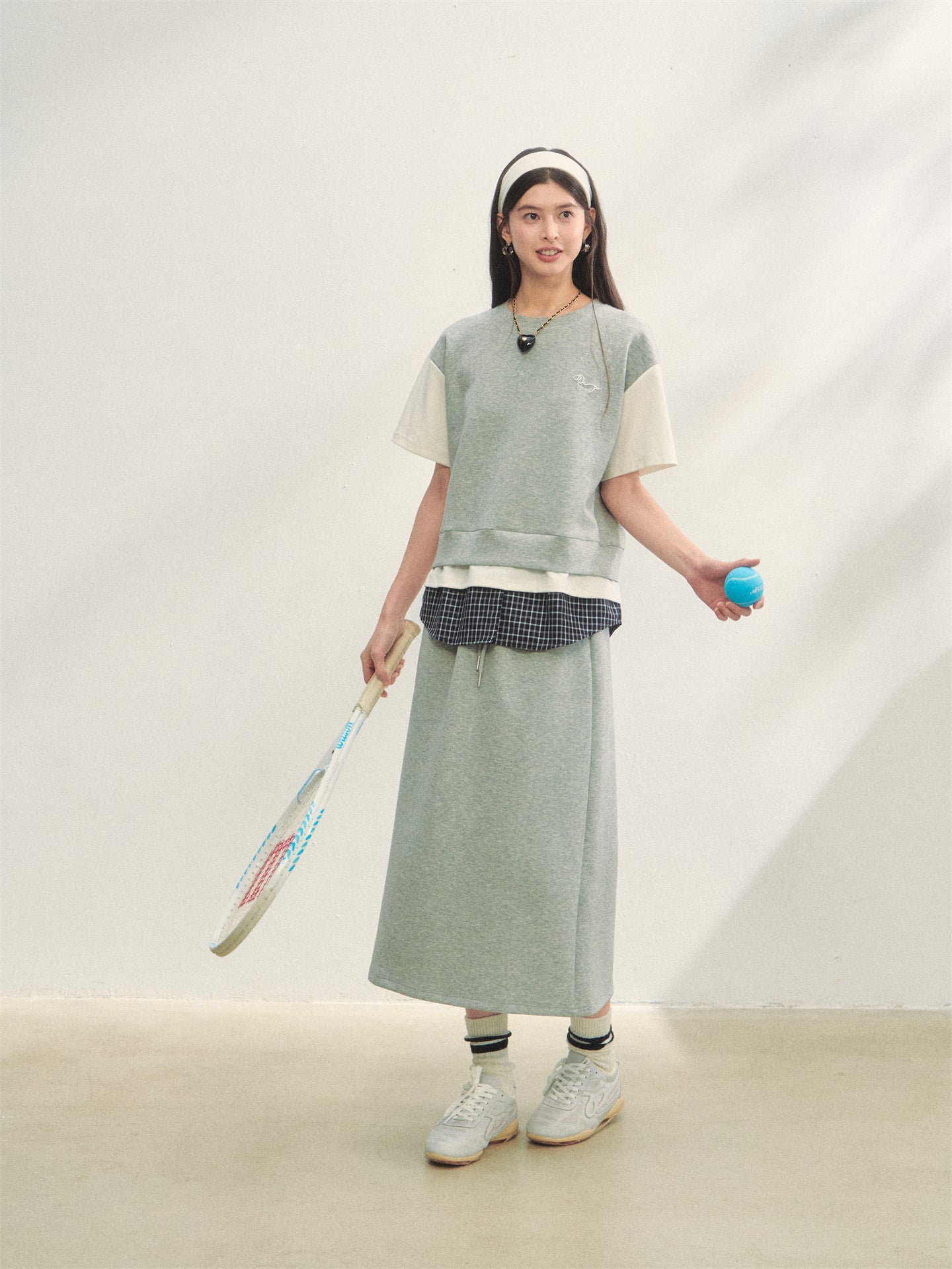 AsGony ASG25267 Plaid patchwork short sleeved top + skirt set (2color)