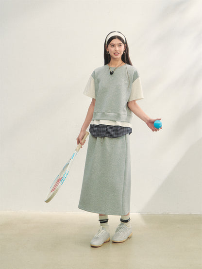 AsGony ASG25267 Plaid patchwork short sleeved top + skirt set (2color)