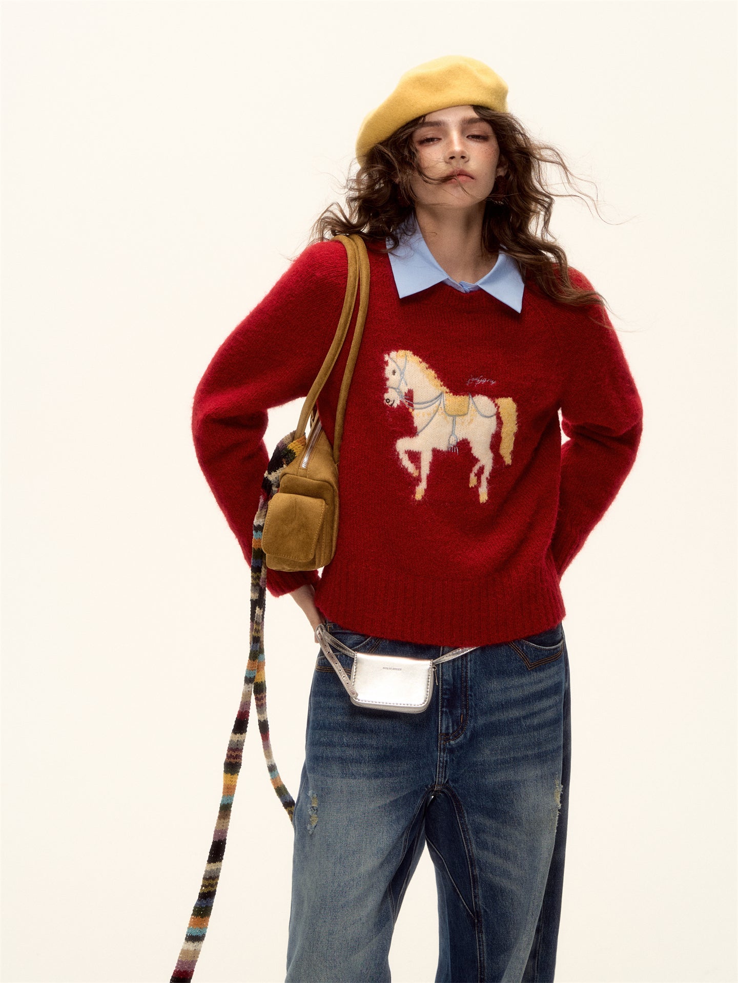 AsGony ASG25480 Wool pony jacquard embroidered round neck sweater