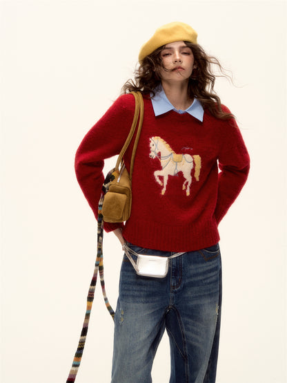 AsGony ASG25480 Wool pony jacquard embroidered round neck sweater
