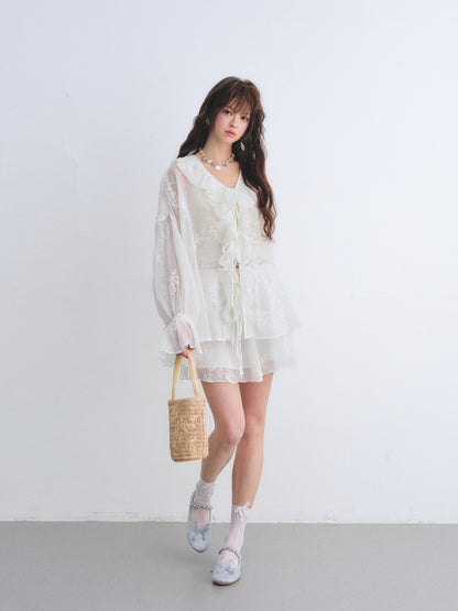 AsGony ASG26015&amp;ASG26016 Chiffon pleated embroidered ruffle edge shirt + skirt