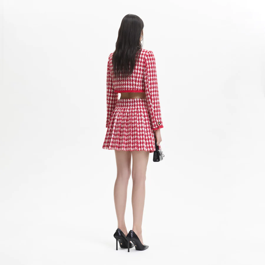 Self-Portrait Red Check Boucle Cropped Jacket