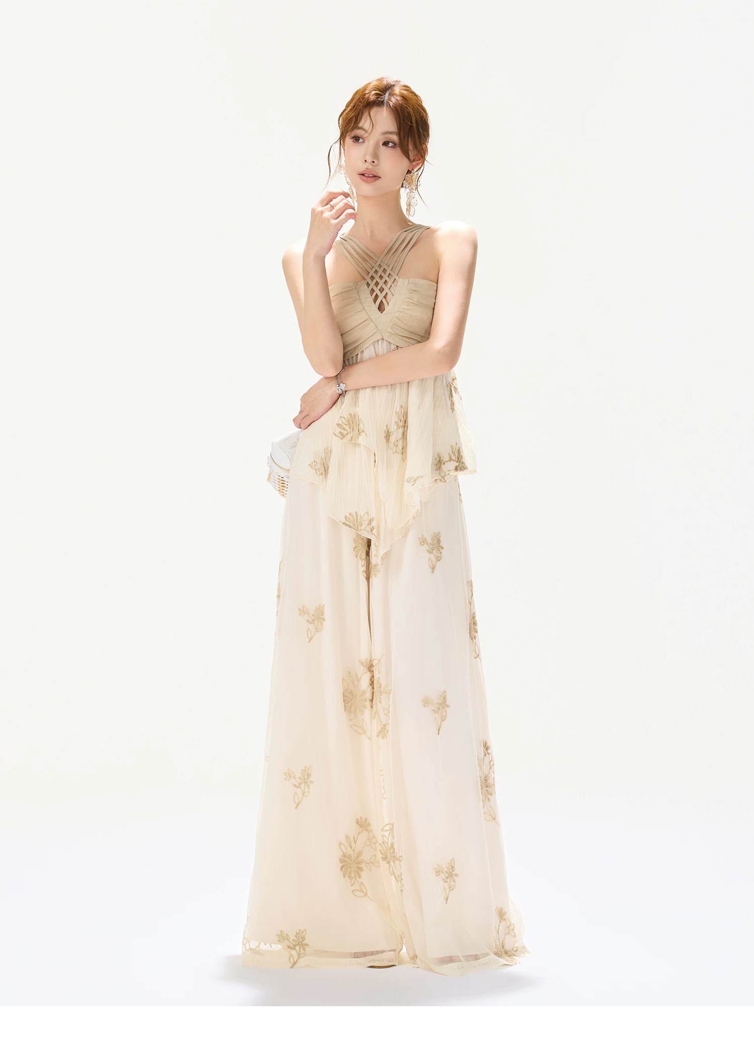 CYNR Soft Chiffon Halter Wide Leg Pants Set