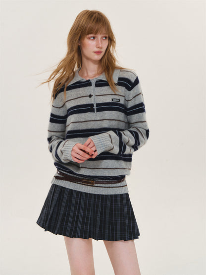 Asgony ASG26597 Striped Collared Knit Polo Shirt
