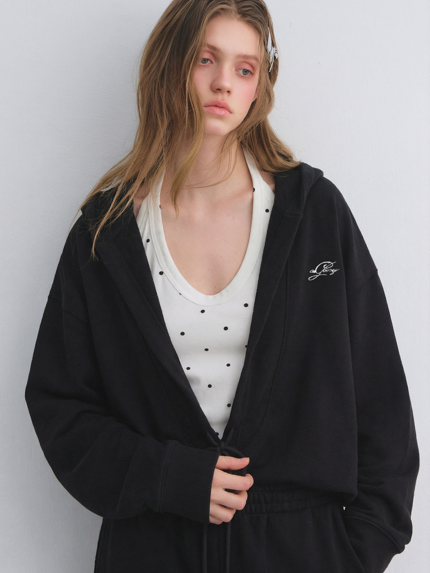 AsGony ASG25656&amp;ASG25657 Polka dot vest hooded drawstring hoodie set