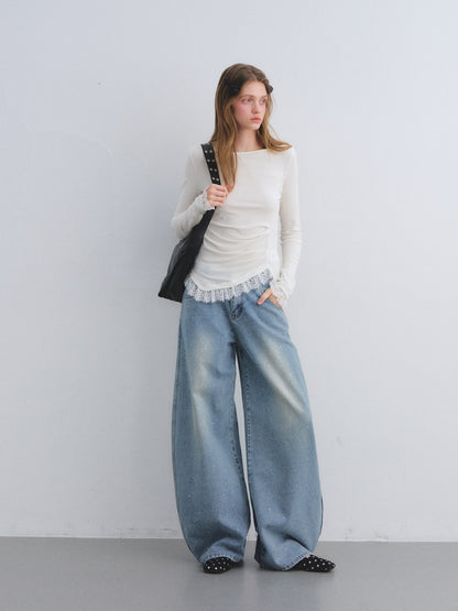 AsGony ASG25680 Irregular lace patchwork waistband bottom top