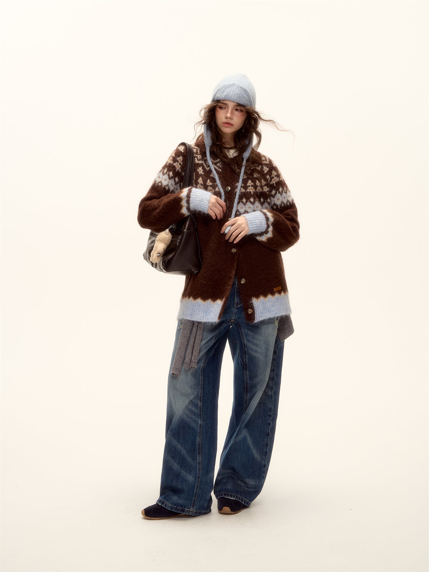 AsGony ASG25496 Wool Jacquard Fel Island Collar Button Knitted Cardigan