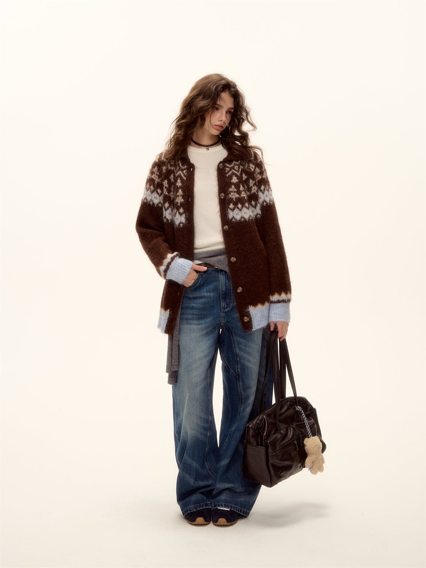 AsGony ASG25496 Wool Jacquard Fel Island Collar Button Knitted Cardigan