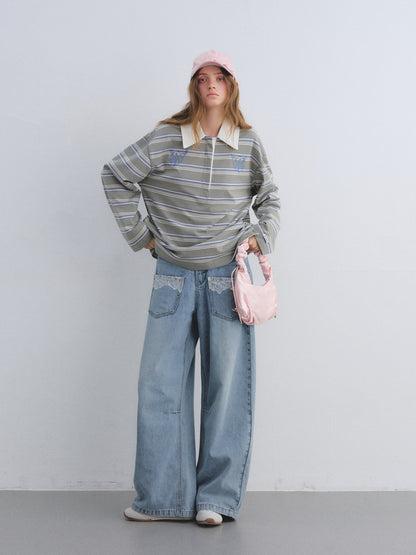 AsGony ASG25638 Lace pocket washed curved knife jeans