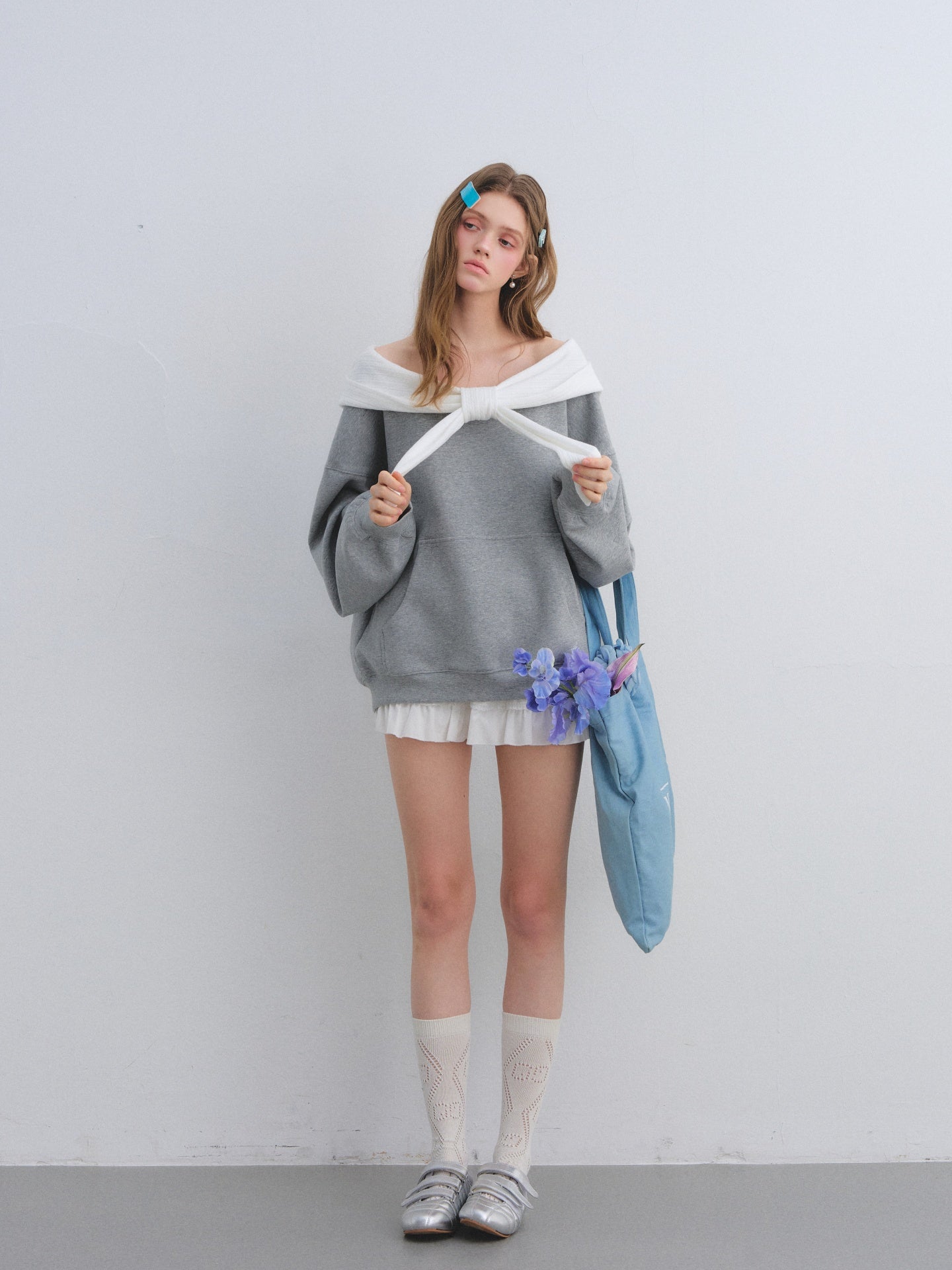 AsGony ASG25643 Rabbit ear one shoulder hooded sweatshirt