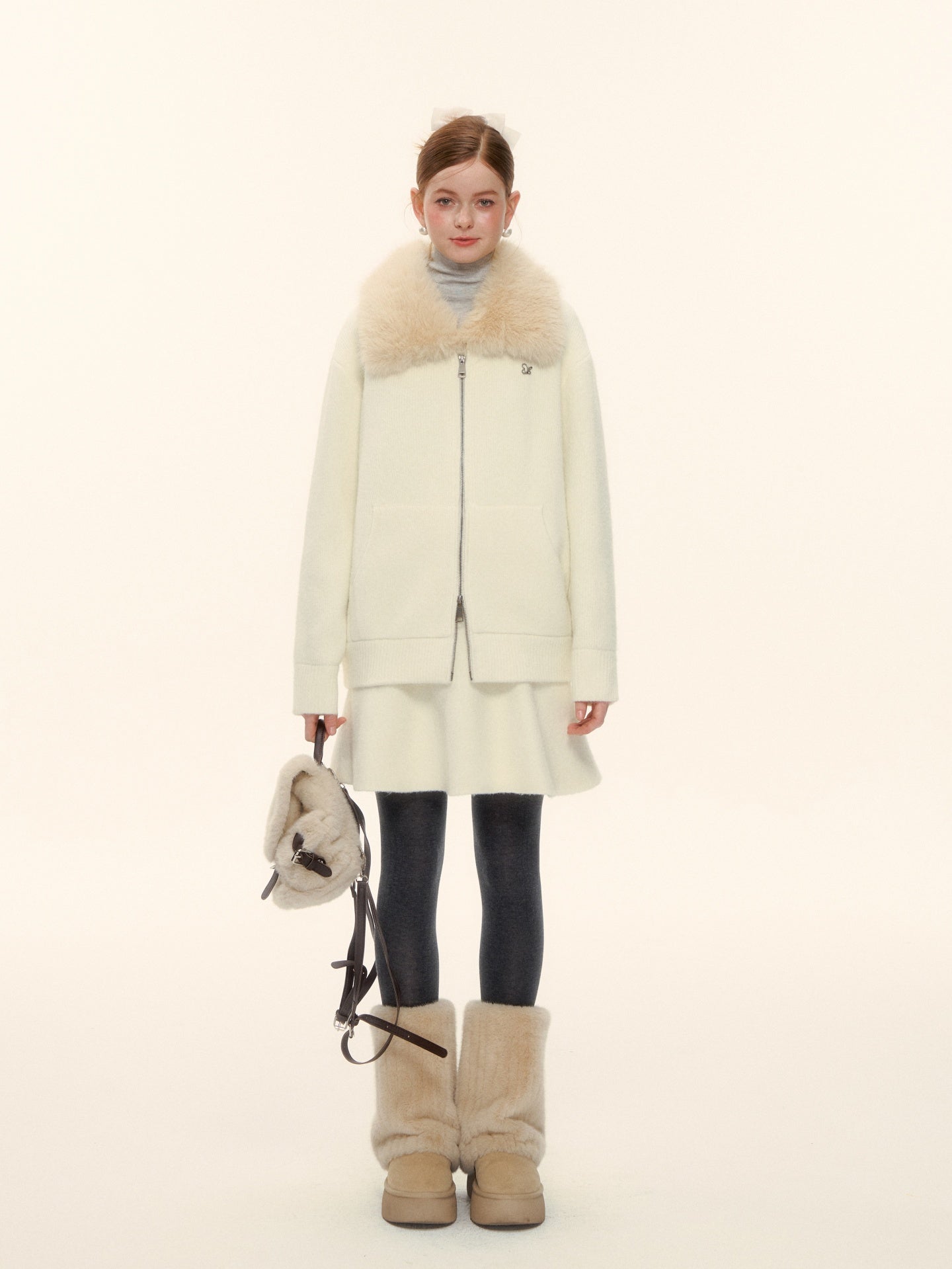 AsGony ASG25601 Wool Flannel Lapel Zippered Knit Sweater Jacket