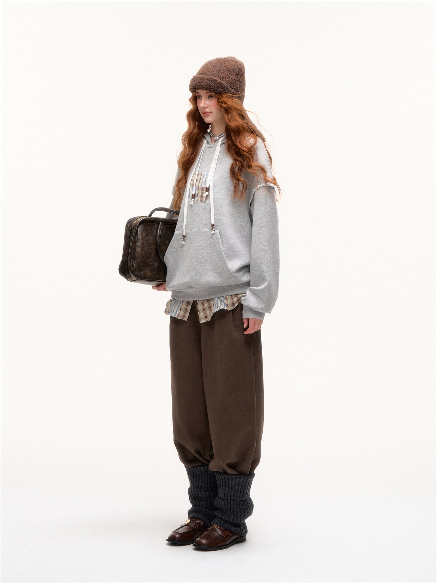 AsGony ASG25377 Checkered hem flared waistband loose pants