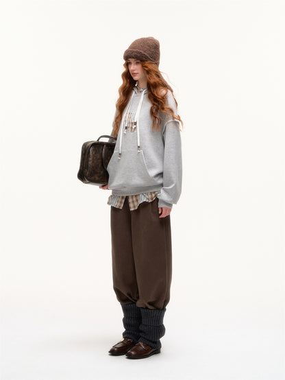 AsGony ASG25377 Checkered hem flared waistband loose pants