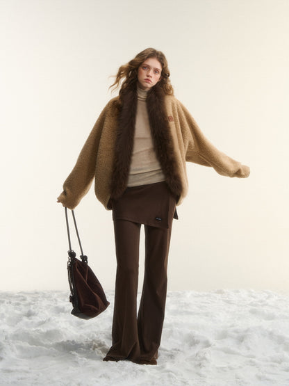 AsGony ASG25539 Wool collar cocoon shaped cardigan shawl jacket