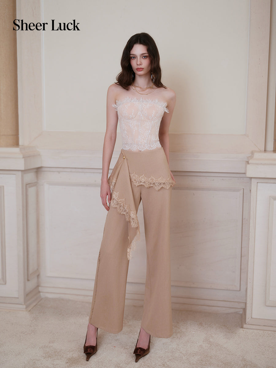 SHEERLUCK SLKZ26722 Dune Lace-Panel Tailored Trousers-Oatmeal