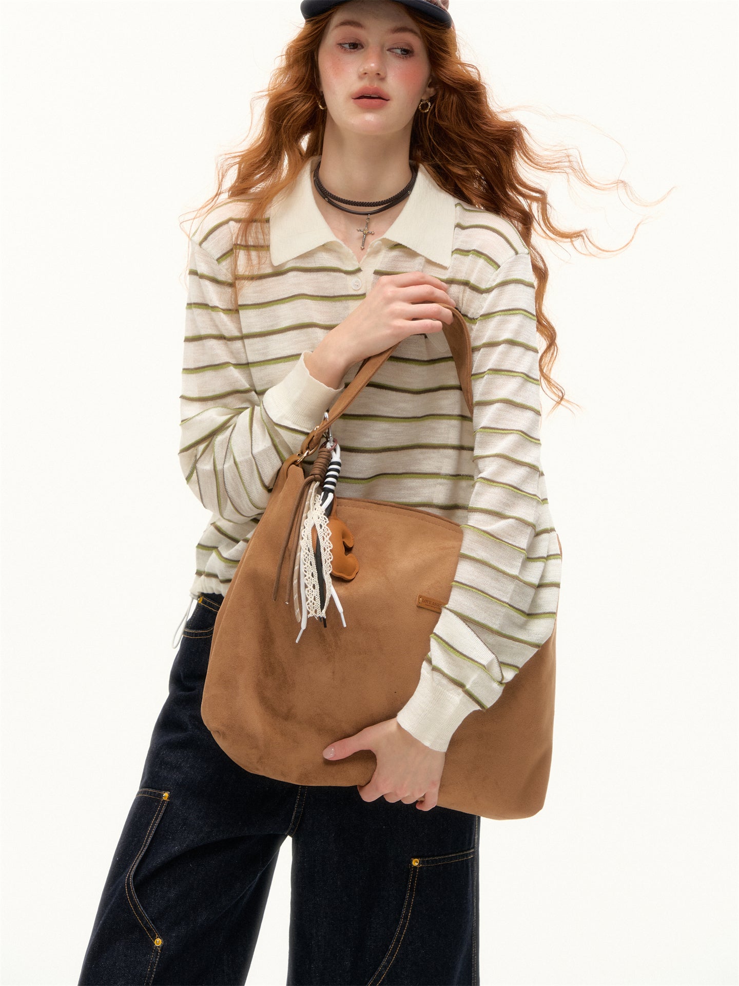 AsGony ASG25391 Striped lapel hem drawstring polo knit base top