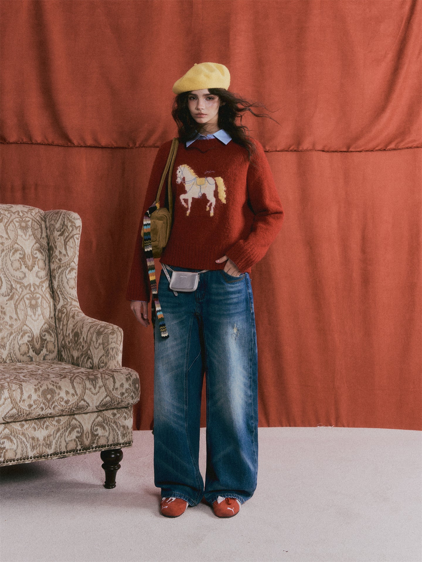 AsGony ASG25480 Wool pony jacquard embroidered round neck sweater