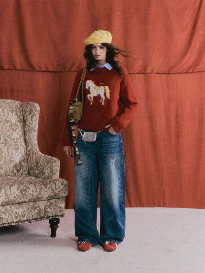 AsGony ASG25480 Wool pony jacquard embroidered round neck sweater