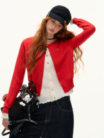 AsGony ASG25409 Color blocking fake two-piece spliced knitted cardigan