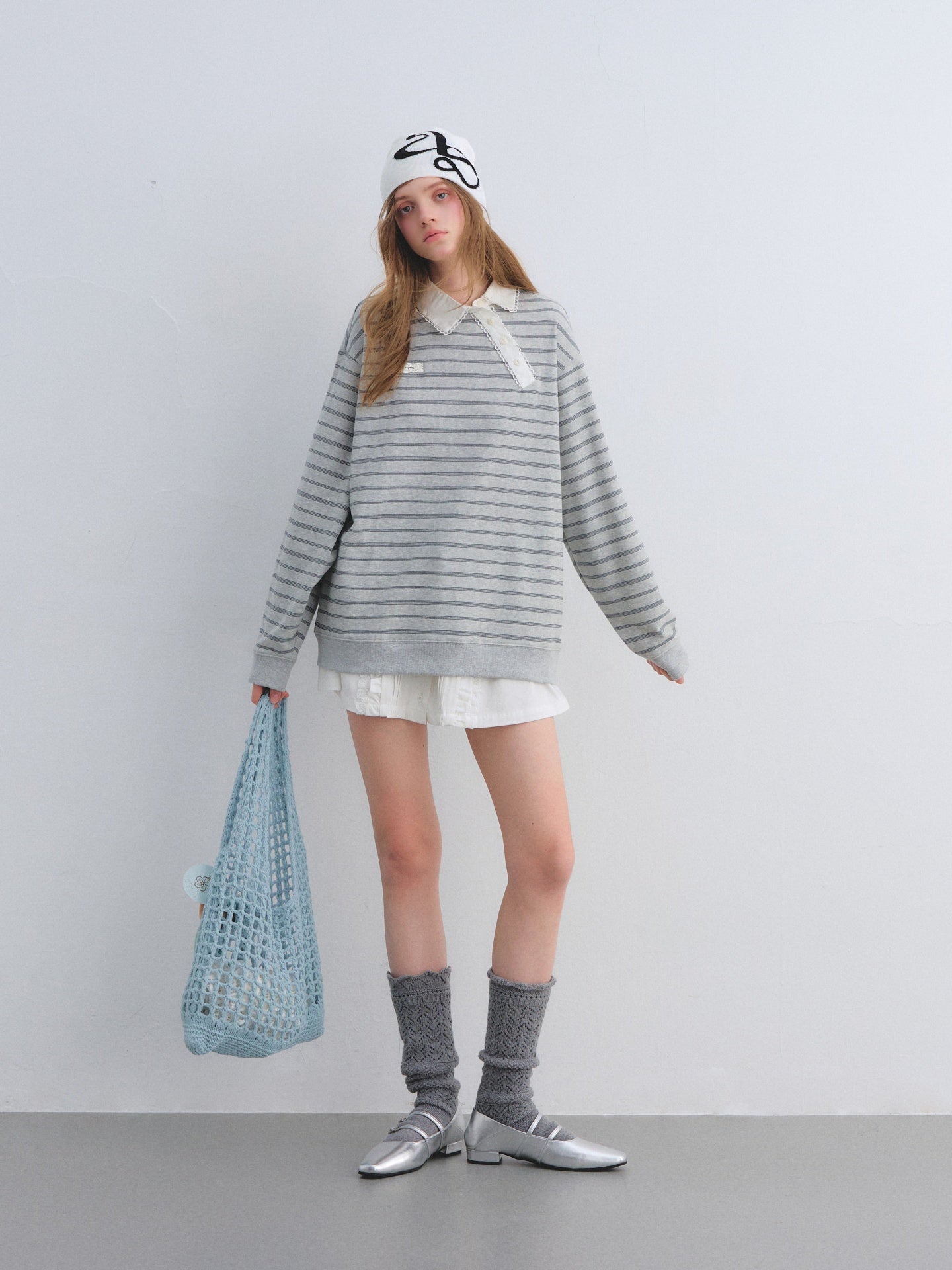 AsGony ASG25658 Slanted placket lace collar striped patchwork hoodie